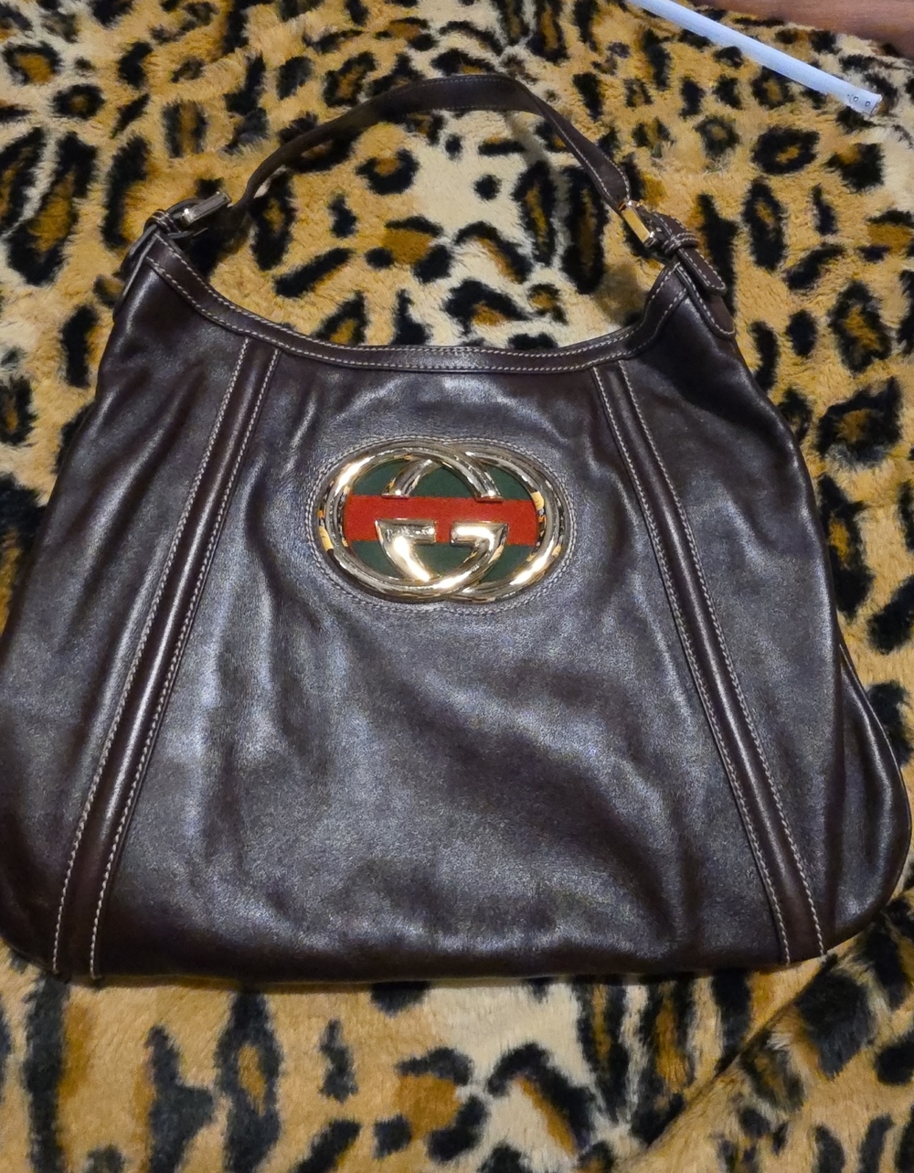 Gucci Brown Leather Shoulder Bag with Green and Red Web Accent AUTHENTIC